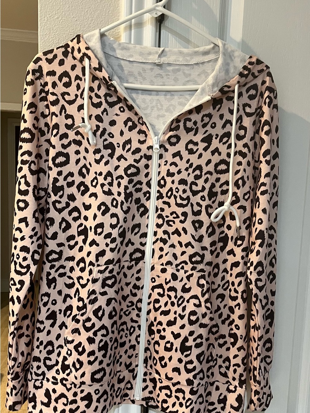 Women's Pink/Light Taupe Leopard Print Zip-Up Hoodie Jacket